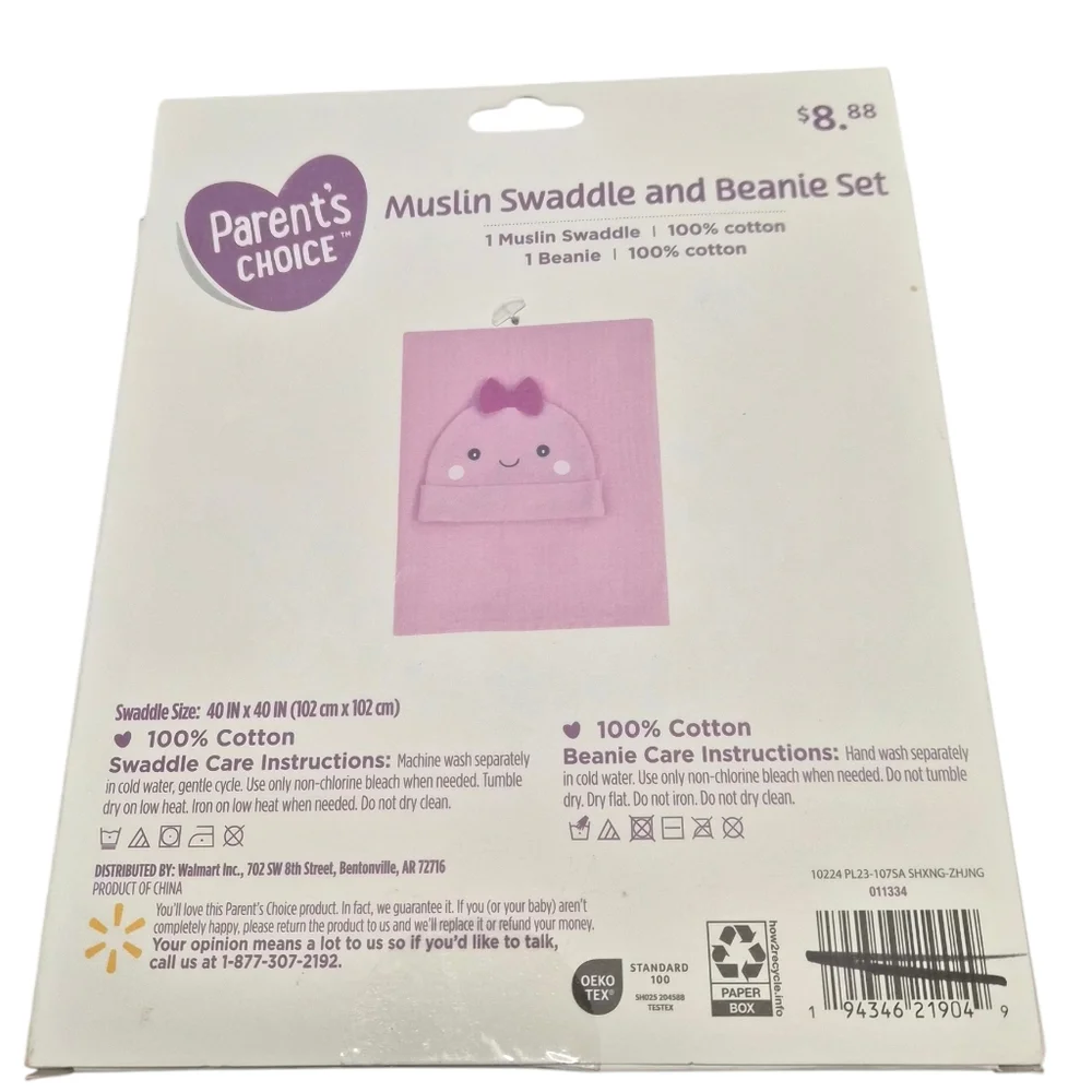 Muslin Swaddle & Beanie Set -Pink- Parents Choice -100 Cotton -40inx40in-